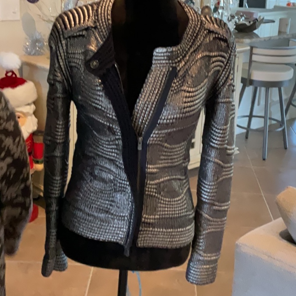 MAJE silver/black metallic zipfront sweater, size 1 (S)